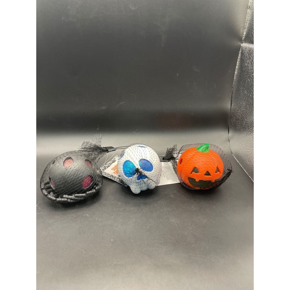 Halloween Squeeze Characters Set 3pk Pumpkin Skull Spider Mesh Fidget Toys NWT